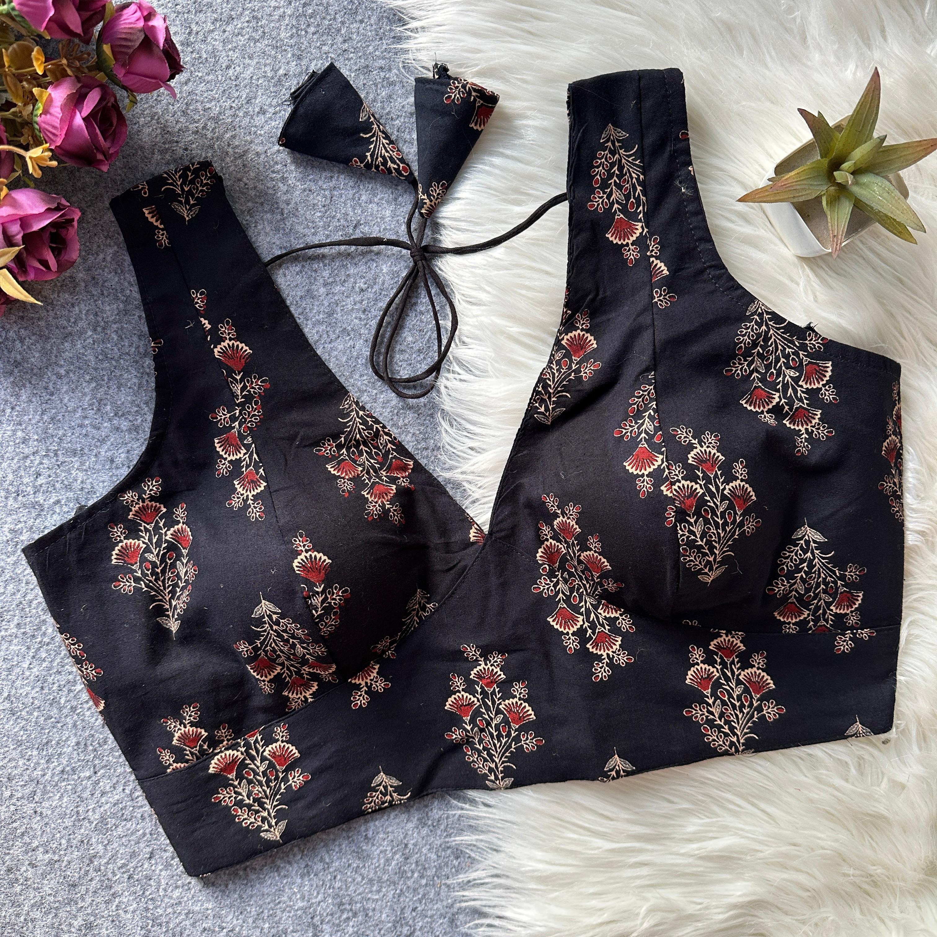 Pure Ajrakh Handblock Cotton Blouse-Include attachable blouse sleeves-Black